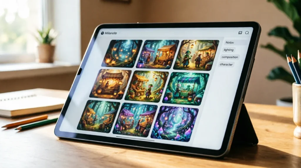 Milanote mood board with 10 AI‑generated fantasy scene thumbnails and a linked Notion database for organization.