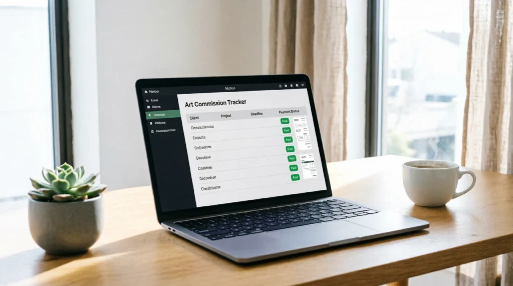 Notion commission tracker dashboard for freelance artists with invoice and deadline management.