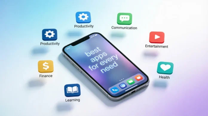 Best apps for every need concept showing smartphone with popular app icons