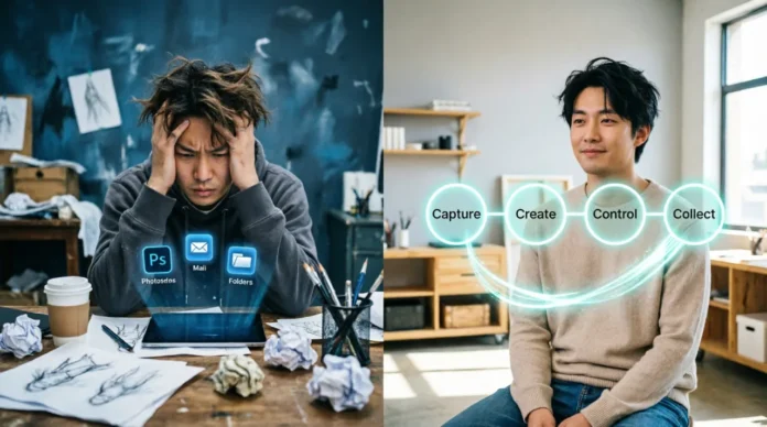 Featured image contrasting chaotic artistic workflow with a streamlined 4‑phase creative productivity system.