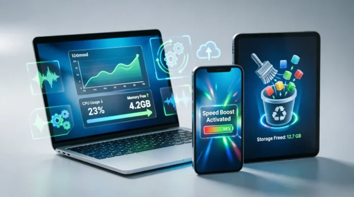 Smartphone, laptop, and tablet showing performance optimization and speed boost concept