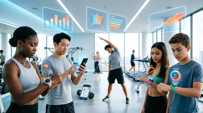 People using health and fitness apps on smartphones and smartwatches in a modern gym environment with digital tracking dashboards.