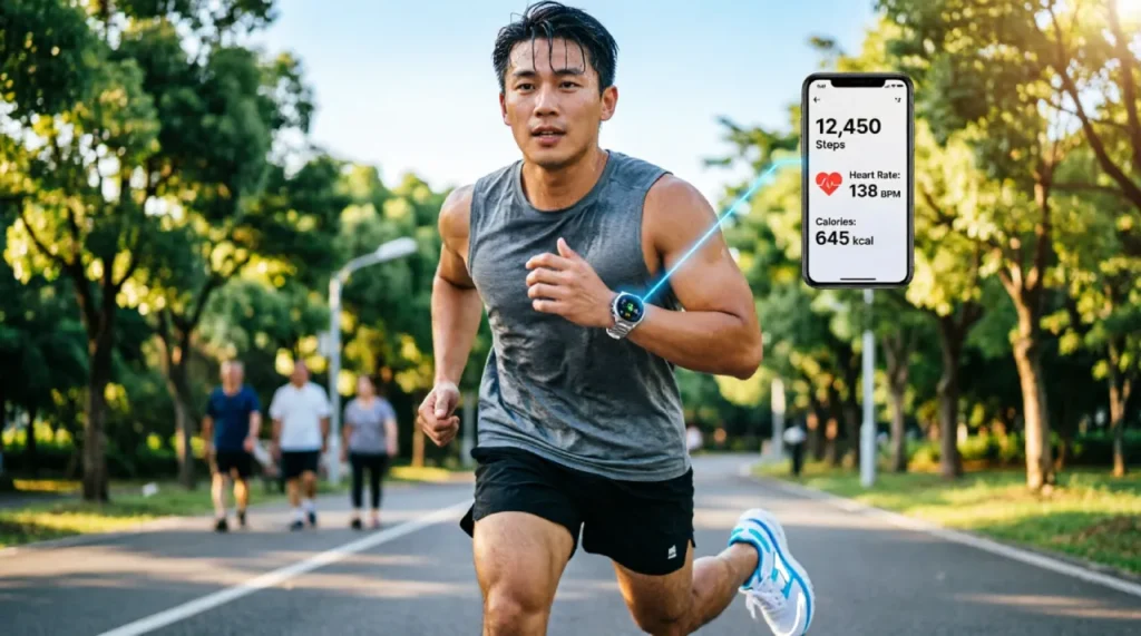 Jogger using a smartphone fitness tracking app with smartwatch showing steps, heart rate, and calories burned in a park.