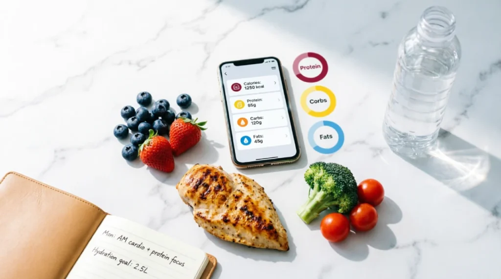Healthy food setup with smartphone showing nutrition tracking app for calories and diet planning.