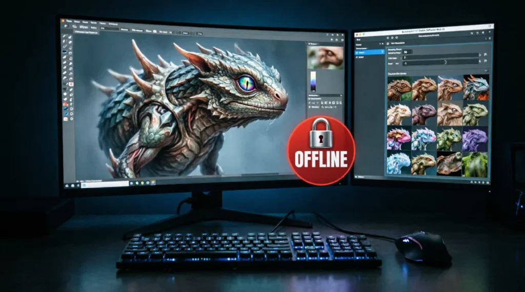 Krita and local Stable Diffusion interface running fully offline for private client work.