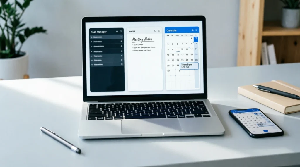 Productivity apps on smartphone and laptop showing task management and organization tools