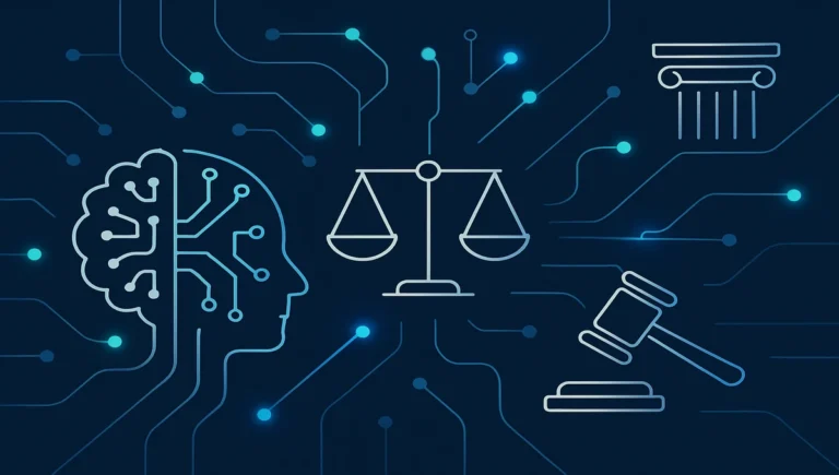 Illustration of AI tools helping lawyers with legal research, contract review, and predictive analytics, highlighting 7 key technologies reshaping law in 2026.