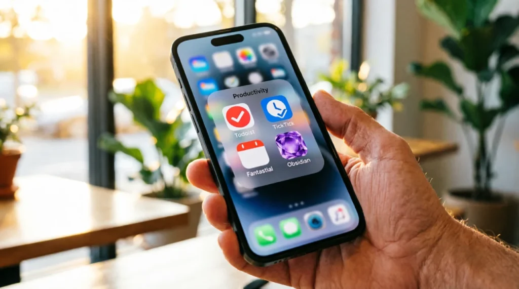 Best productivity apps 2026 icons on an iPhone 16 Pro home screen
