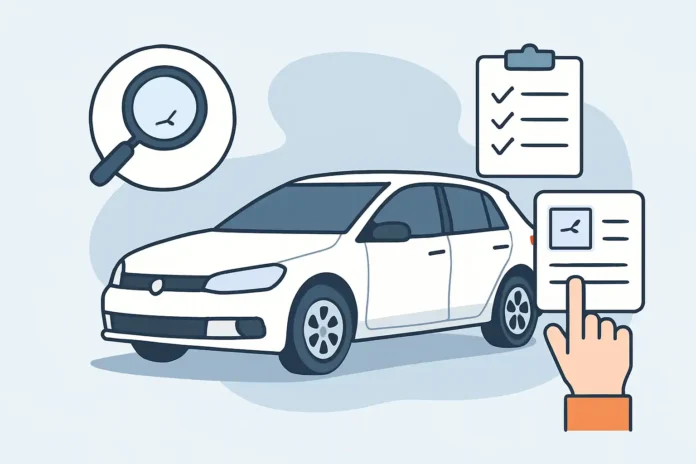 car_rental_feature_image Renter checking a car for scratches to avoid car rental ding and dent scams.