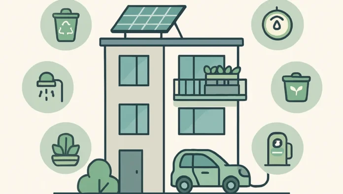 sustainable_home_hacks_feature Sustainable home hacks for urban dwellers in a small apartment with plants, reusable items, and energy-saving tools