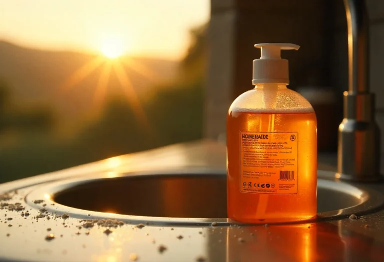 Kitchen sink drain being cleared using a Homemade Drain Cleaner made from natural ingredients.