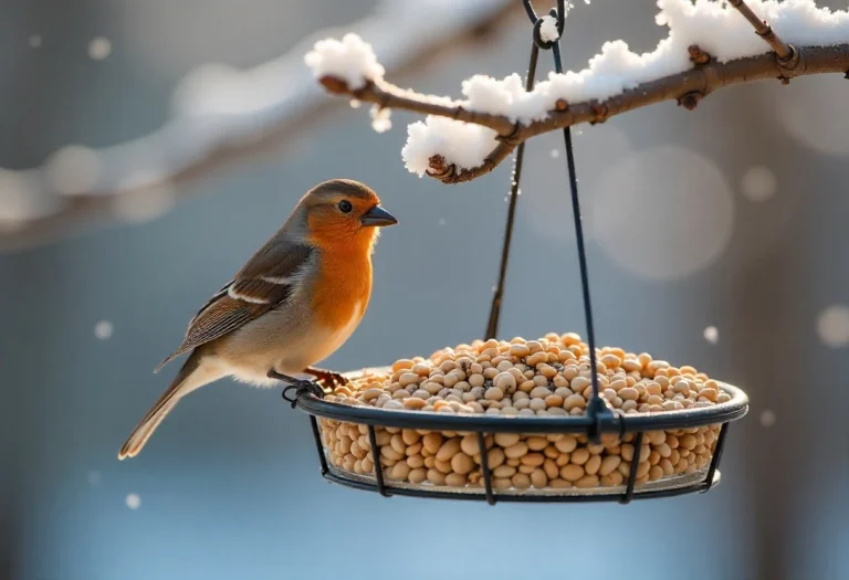 Winter bird feeder filled with sunflower seeds attracting cardinals and chickadees