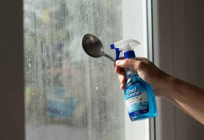 Ultimate Window Cleaning Hack_ One Spoon Changes All A simple vinegar window cleaning hack showing one spoon mixed with water to clean windows without streaks. Easy, cheap, and effective.
