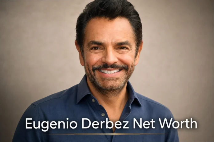 A high-quality professional portrait of actor Eugenio Derbez wearing a casual blue button-down shirt against a neutral studio background, with the text 