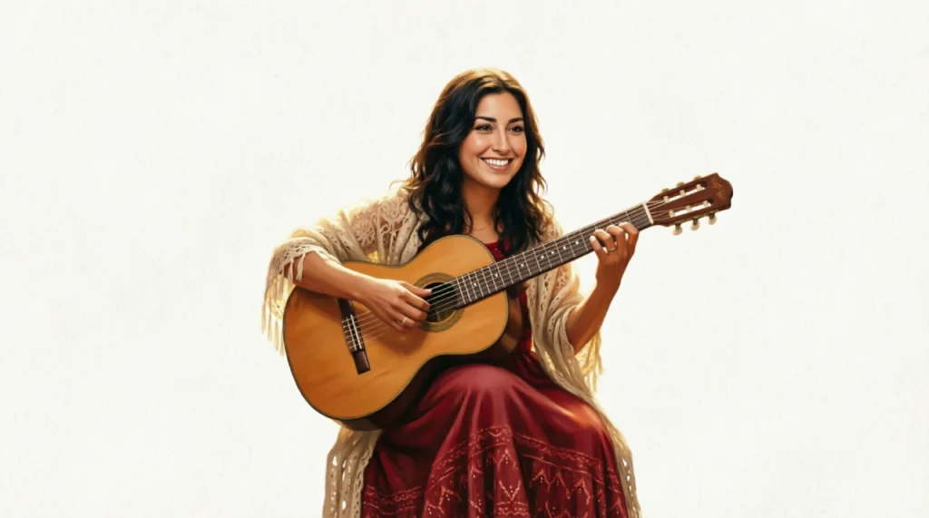 Latina musician playing acoustic guitar at an intimate community cultural event