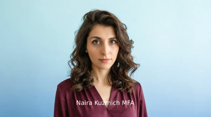 Illustration of a writer at her desk surrounded by symbols of income, debt, savings, and the net worth formula, representing the financial life of an MFA graduate.