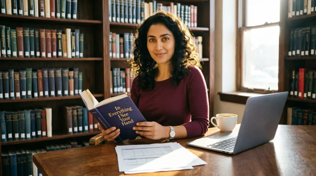 Portrait of a writer resembling Naira Kuzmich, holding her short story collection, with a budget worksheet nearby, illustrating a creative professional mindful of finances.