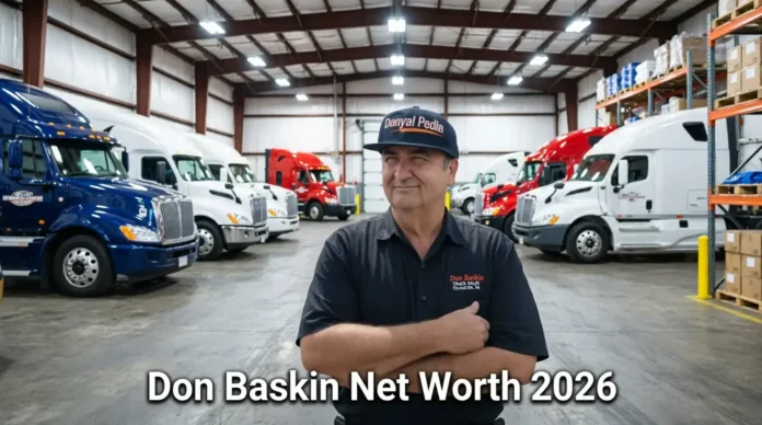 Don Baskin Net Worth 2026 - Truck Sales Empire Don Baskin standing confidently with crossed arms in truck dealership warehouse with semi-trucks in background - Don Baskin Net Worth 2026