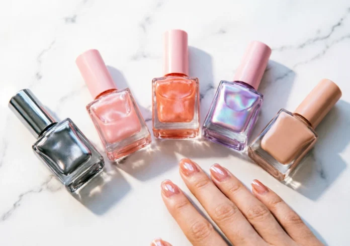 Best Korean Gel Nail Polish Collection Flat Lay A flat lay of the best Korean gel nail polish bottles in chrome, syrup, jelly, and aurora finishes on a white marble surface.