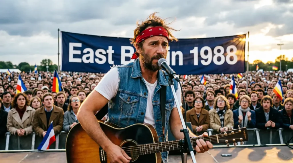 Bruce Springsteen performing in East Berlin in 1988, with a massive crowd of East German fans gathered in a historic moment of hope.