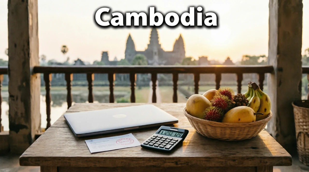 Workspace overlooking Angkor Wat at sunrise with laptop, visa document, calculator showing low costs, and tropical fruits basket