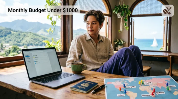 Cheapest Countries for Digital Nomads Young digital nomad with laptop in cafe overlooking mountains and ocean, world map with pins marking affordable destinations like Chiang Mai and Lisbon for budget remote work travel