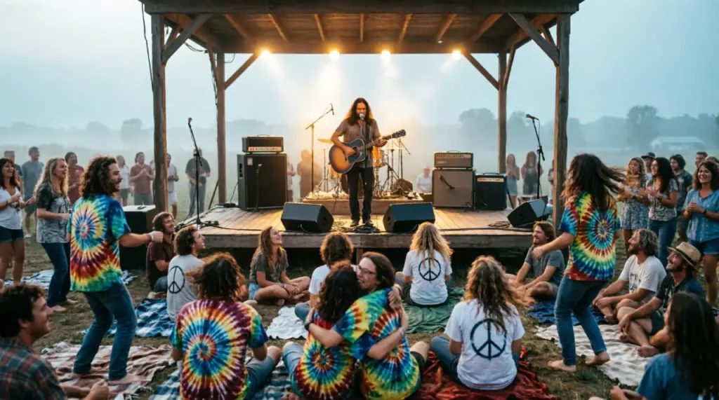 Grateful Dead performing at Englishtown Raceway Park in 1977, with a peaceful, massive crowd of fans stretching into the distance.