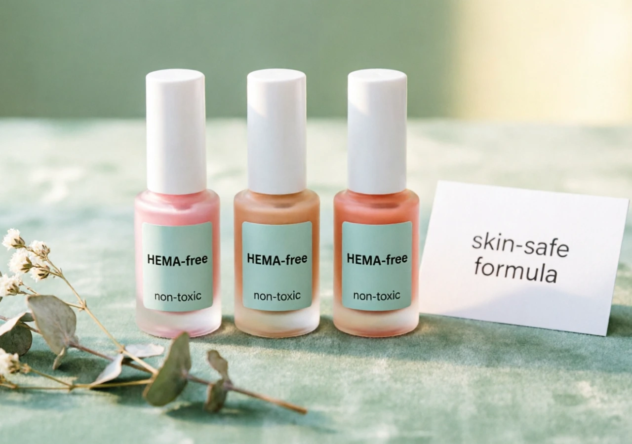 HEMA-free Korean gel nail polish bottles on a sage green surface, highlighting non-toxic and safe gel polish options for sensitive nails.