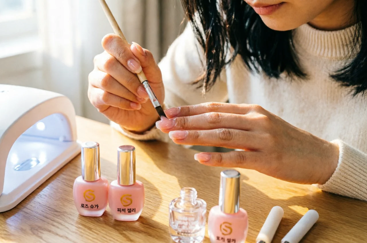 A woman applying the best Korean gel nail polish at home using a LED lamp and gel brush on a wooden vanity.