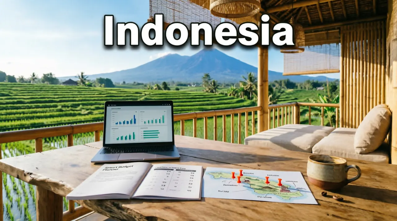 Bali rice terrace workspace with mountain view, budget planner, price comparison chart, and Indonesia map with location pins