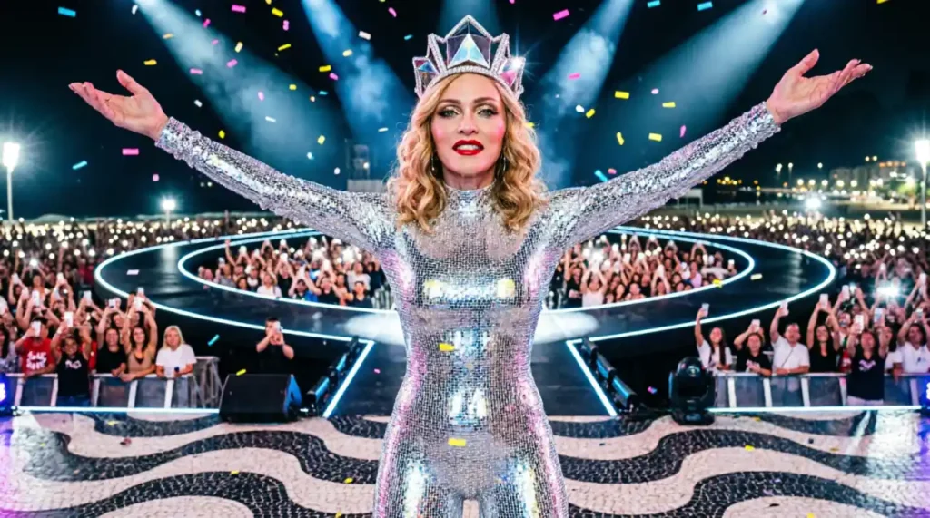 Madonna performing her final Celebration Tour show on Copacabana Beach in 2024, with a massive crowd and confetti filling the air.