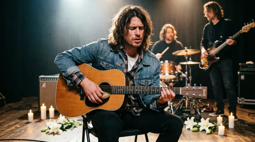 Kurt Cobain performing during Nirvana’s MTV Unplugged session in 1993, surrounded by candles and lilies.