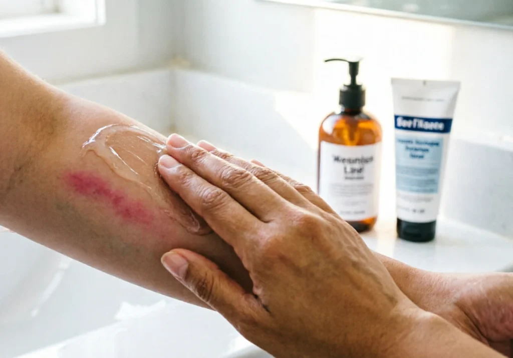 Applying soothing aloe vera gel to skin after PicoWay tattoo removal as part of aftercare routine