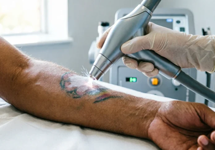 PicoWay Tattoo Removal Treatment – Feature Image PicoWay tattoo removal treatment on patient's arm showing laser handpiece and frosting effect in modern clinic