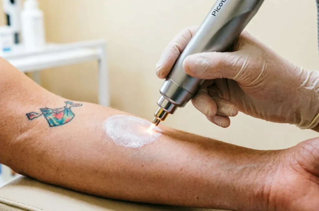 Close-up of PicoWay tattoo removal session showing skin frosting effect immediately after laser pulse