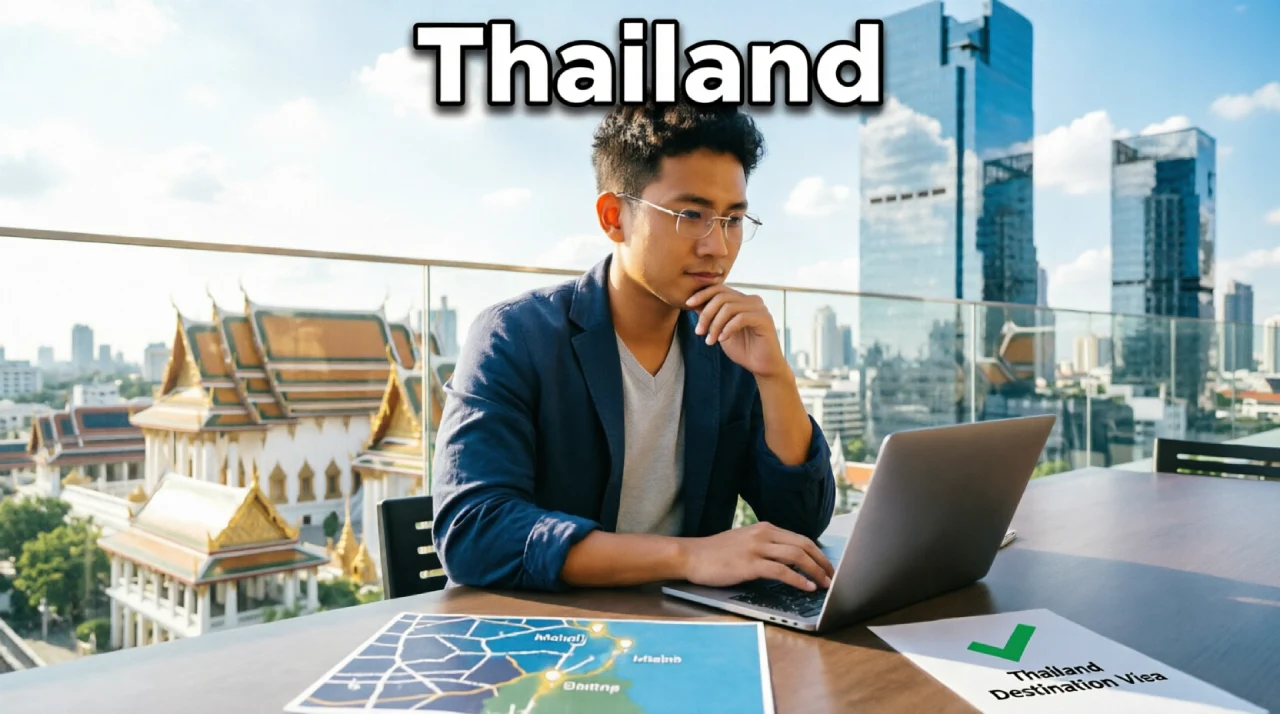 Digital nomad working in Bangkok with Thai temple and modern skyscrapers in background, Thailand Destination Visa document on desk