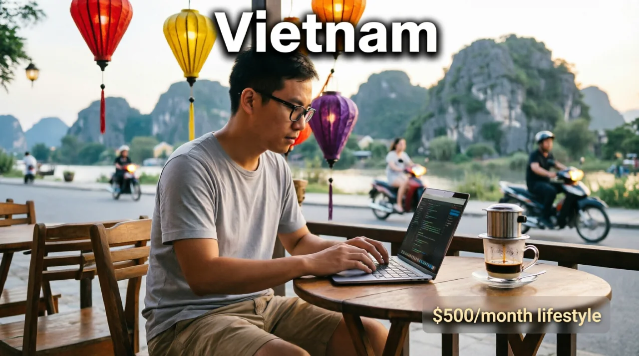 Digital nomad working remotely in Vietnam with colorful lanterns and limestone mountains, Vietnamese coffee on table, $500 per month budget lifestyle