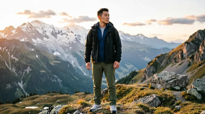 Best Hiking Outfit for Men Featured Image Male hiker wearing a complete three-layer hiking outfit on a mountain trail