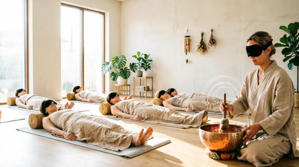 People lying on yoga mats during a group sound bath session in a wellness studio