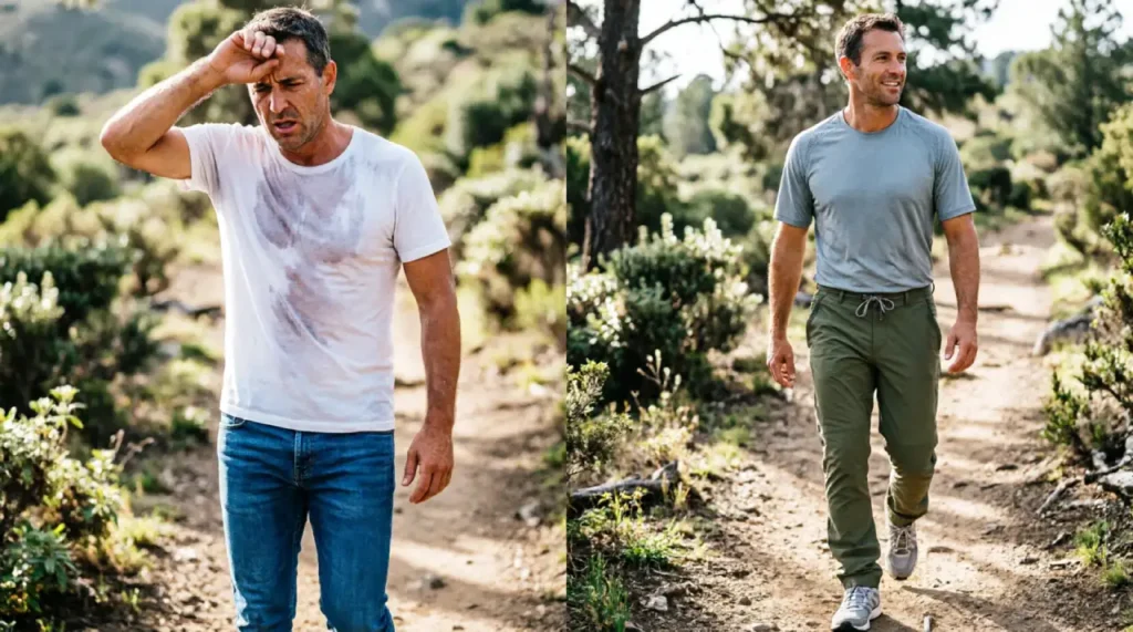 Comparison of proper hiking outfit vs jeans and cotton shirt on a trail