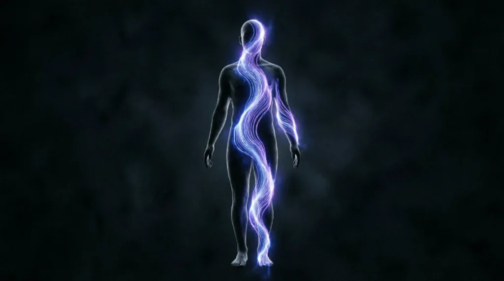 Sound frequency waves flowing through a human body illustration