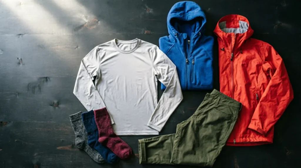 Three-layer hiking clothing system for men: base layer, mid layer fleece, and outer rain shell