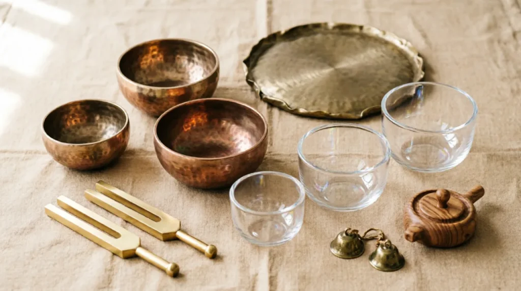 Himalayan singing bowls, tuning forks, and gongs arranged as sound healing instruments