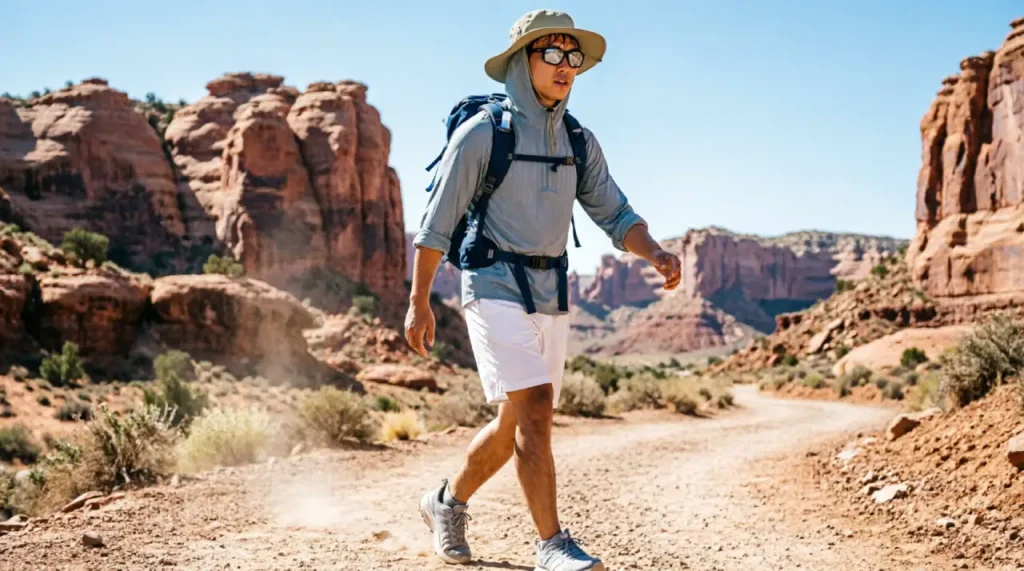 Men’s summer hiking outfit with sun hoody, shorts, and wide-brim hat