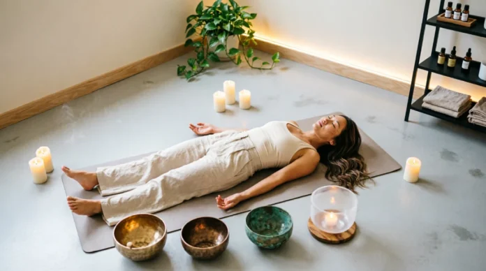 What Is Sound Healing – Woman in a Sound Bath Session A woman lying during a sound healing session surrounded by singing bowls